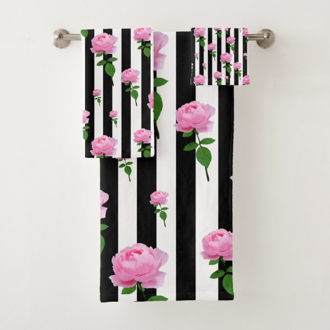 Black White Pink Rose Flower Stripes Lines Bath Towel Set (Insitu)