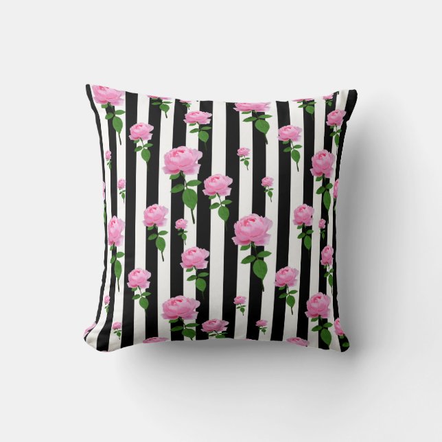 Black White Pink Rose Flower Stripes Lines Cushion (Front)