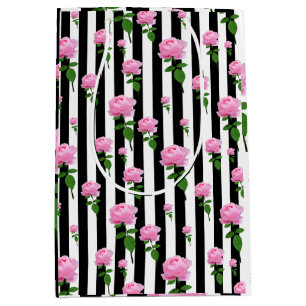 Black White Pink Rose Flower Stripes Lines Medium Gift Bag