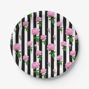 Black White Pink Rose Flower Stripes Lines Paper Plate