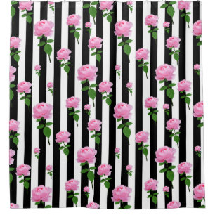Black White Pink Rose Flower Stripes Lines Shower Curtain