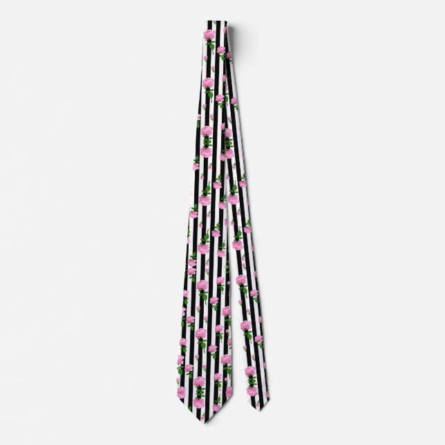 Black White Pink Rose Flower Stripes Lines Tie (Front)