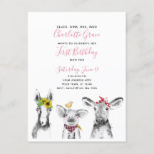 Black White Pink Script Farm Birthday Invitation