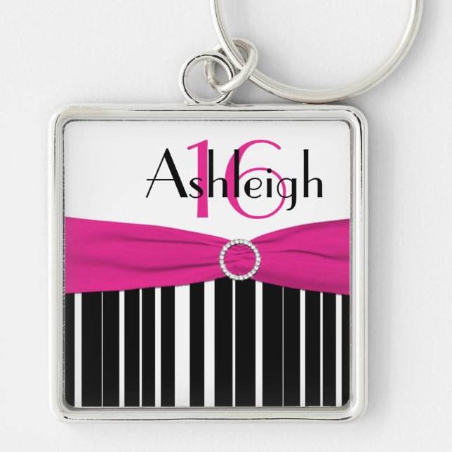 Black, White, Pink Striped 16 Keychain with Name (Front)