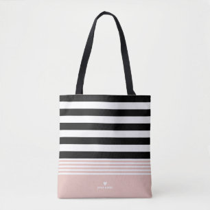 Black, White & Pink Striped Personalised Tote Bag