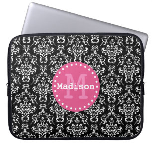 Black White Pink Victorian Damask Monogram Laptop Sleeve