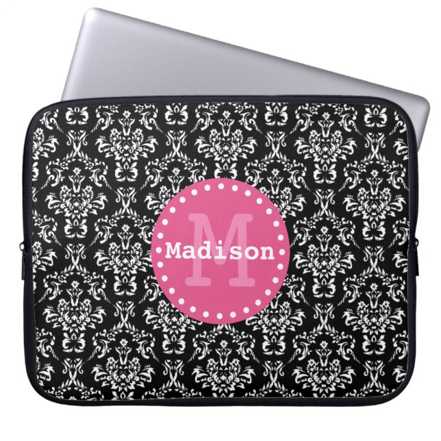 Black White Pink Victorian Damask Monogram Laptop Sleeve (Front)