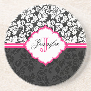 Black White & Pink Vintage Floral Damasks Coaster