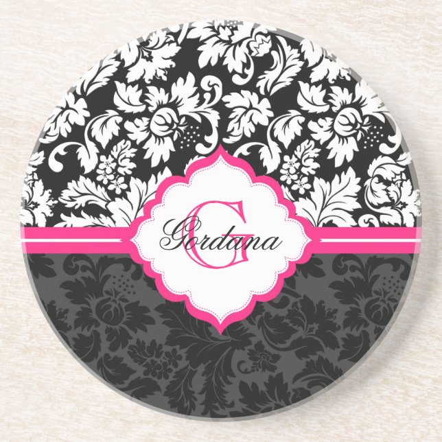 Black White & Pink Vintage Floral Damasks Coaster (Front)