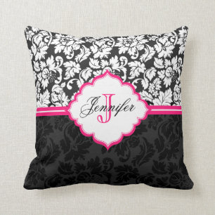 Black White & Pink Vintage Floral Damasks Cushion