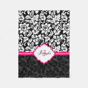 Black White & Pink Vintage Floral Damasks Fleece Blanket