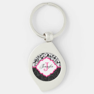 Black White & Pink Vintage Floral Damasks Key Ring