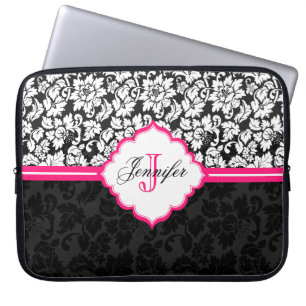 Black White & Pink Vintage Floral Damasks Laptop Sleeve