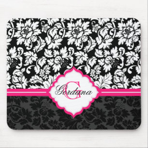 Black White & Pink Vintage Floral Damasks Mouse Pad