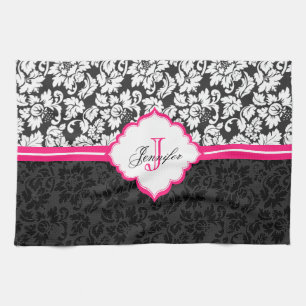 Black White & Pink Vintage Floral Damasks Tea Towel