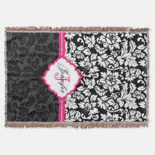 Black White & Pink Vintage Floral Damasks Throw Blanket