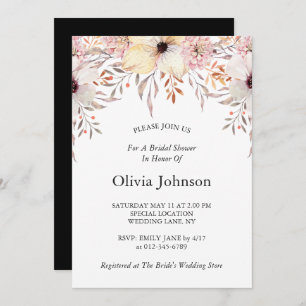 Black White Pink Watercolor Floral Bridal Shower Invitation