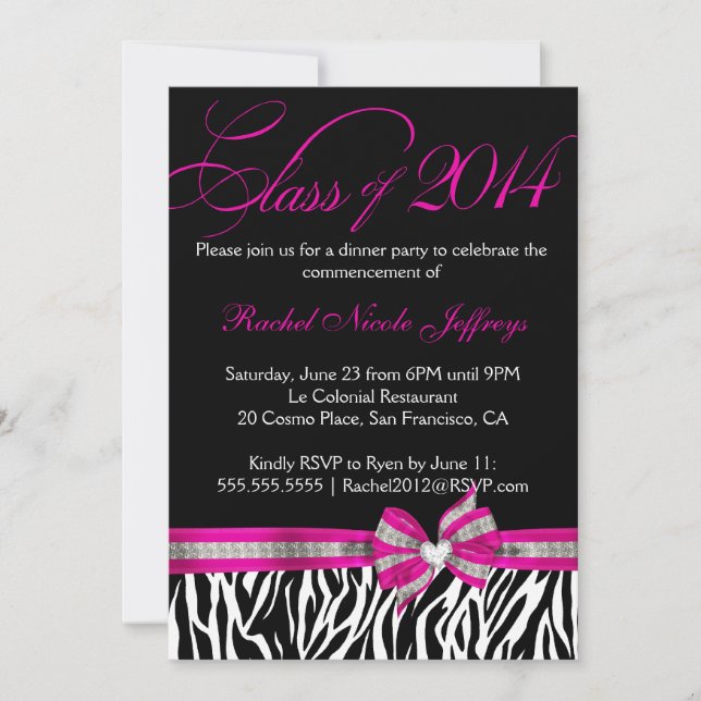 Black White Pink Zebra 2014 Graduation Invitation (Front)