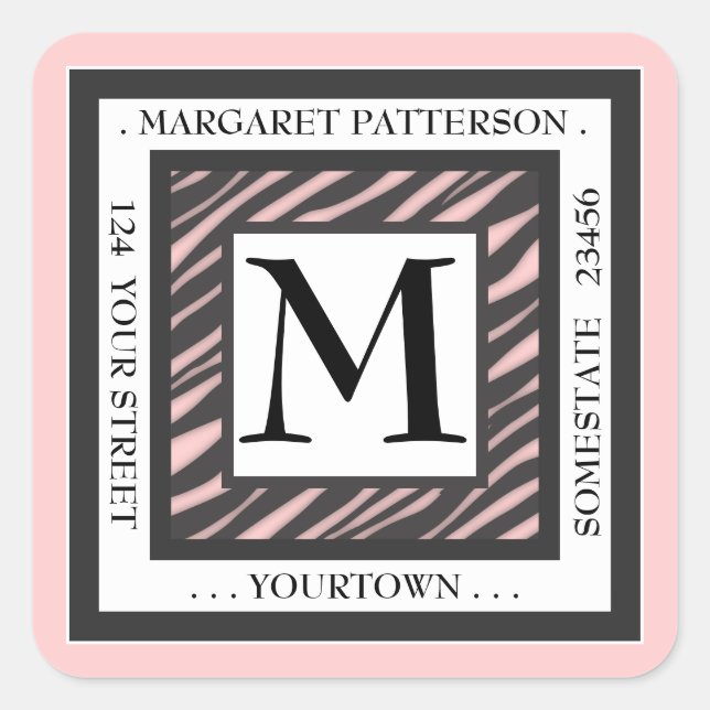 Black & White Pink Zebra Monogram Square Address Square Sticker (Front)