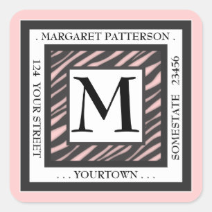 Black & White Pink Zebra Monogram Square Address Sticker