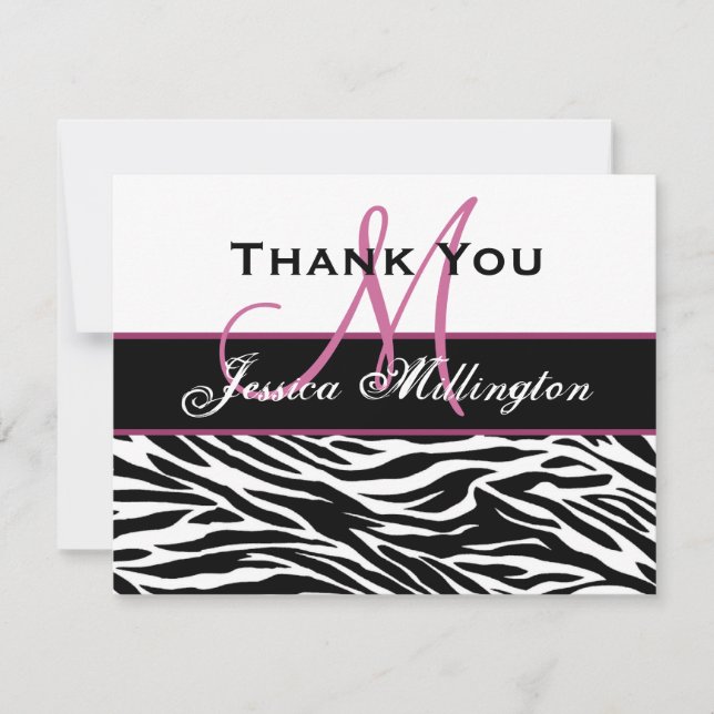Black White Pink Zebra Thank You Card (Front)