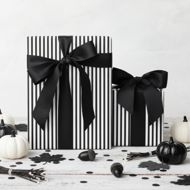 Black & White Pinstripe Halloween Wrapping Paper (Modern & Classic Black and White Striped Wrapping Paper. Trendy Black & White Chic Stripes Pattern)