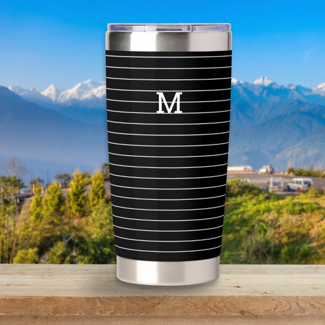 Black White Pinstripe Monogram Insulated Tumbler (A travel mug with white pinstripe pattern on a black background, with custom monogram initial)