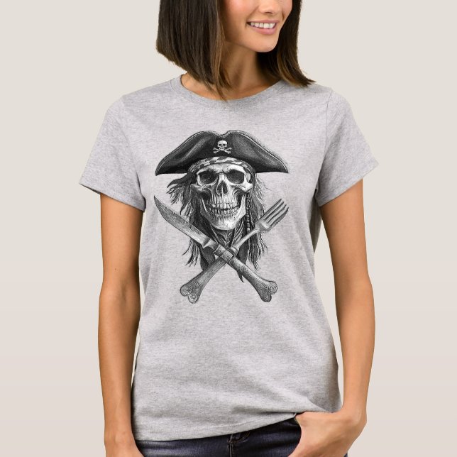 Black & White Pirate Skull with Utensils for Lido T-Shirt (Front)