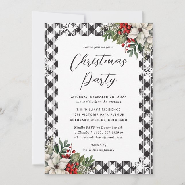 Black White Plaid Botanical Christmas Party Invitation (Front)