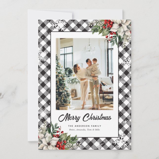 Black White Plaid Botanical Photo Christmas Card (Front)