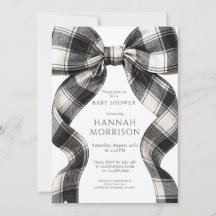 Black White Plaid Bow Baby Shower Invitation