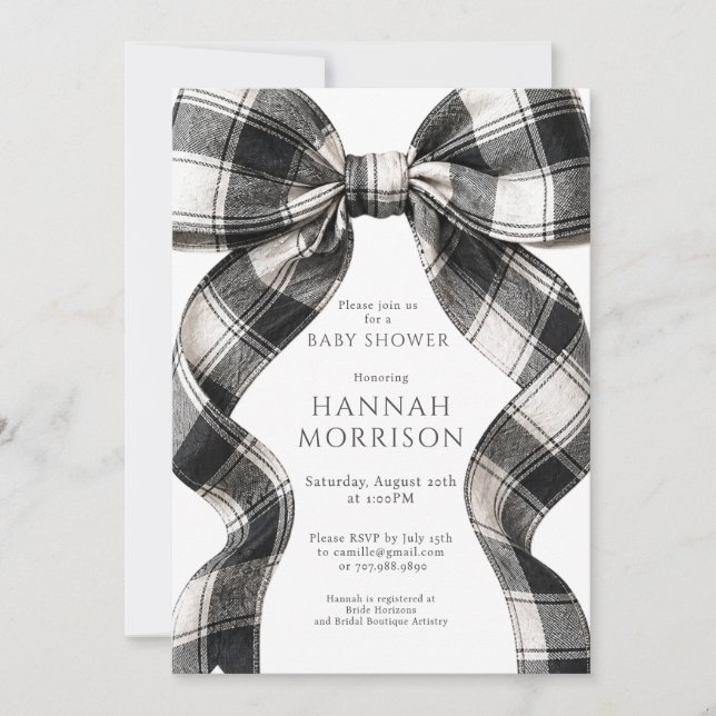 Black White Plaid Bow Baby Shower Invitation (Front)