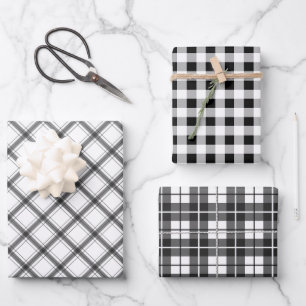 Black White Plaid Buffalo Check Mixed Pattern Wrapping Paper Sheet
