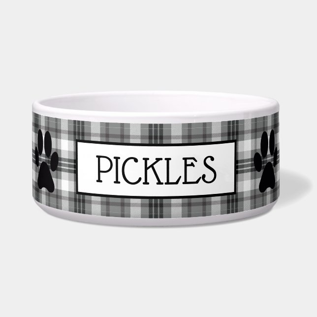 Black & White  Plaid Ceramic Pet Bowl (Front)