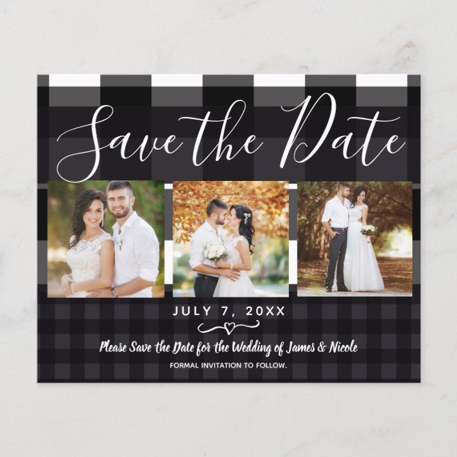 Black White Plaid Checks Photo Save the Date (Front)