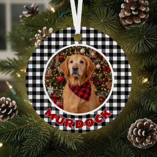 Black & White Plaid Christmas Personalised Pet Metal Tree Decoration