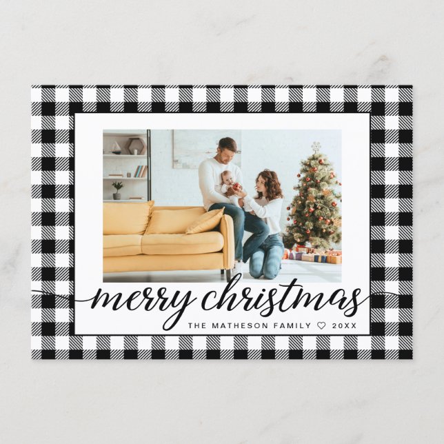 Black white Plaid Christmas Photo Gingham Modern Holiday Card (Front)