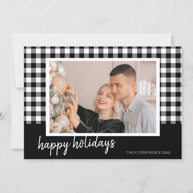 Black & White Plaid Christmas Photo Greeting Holiday Card (Front)