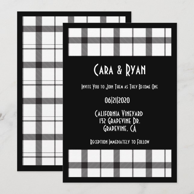 Black, White, Plaid, Classy, Chic, Modern Wedding Invitation (Front/Back)