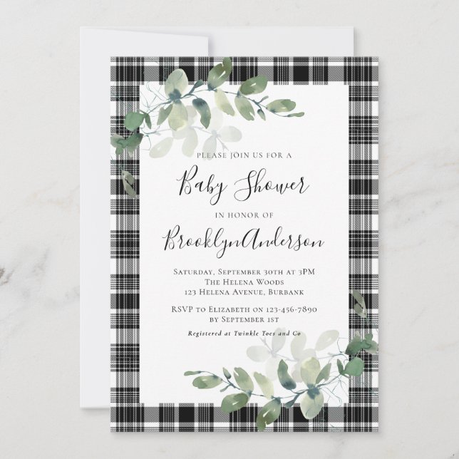 Black White Plaid Eucalyptus Baby Shower Invitation (Front)