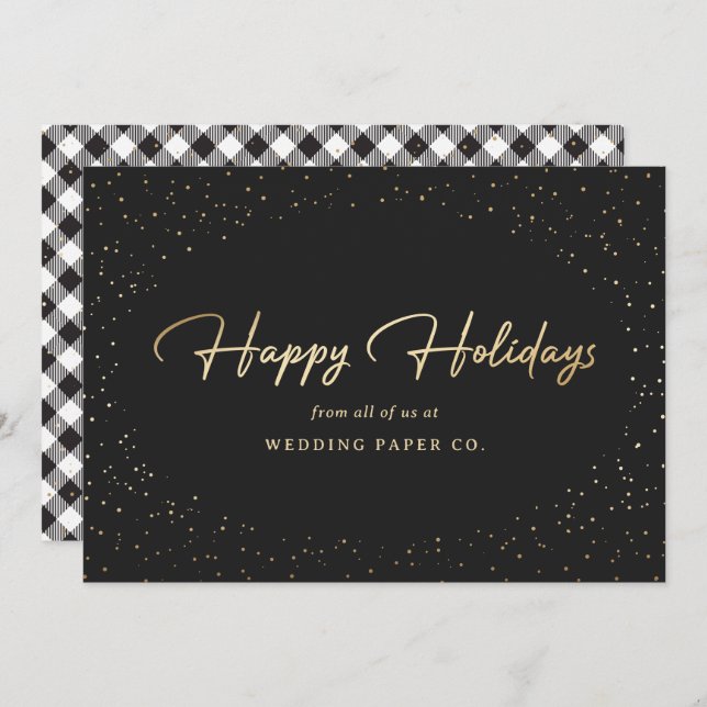 Black White Plaid Gold Snow Business Holiday Cards (Front/Back)