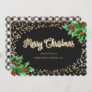 Black White Plaid Holly Business Christmas Cards