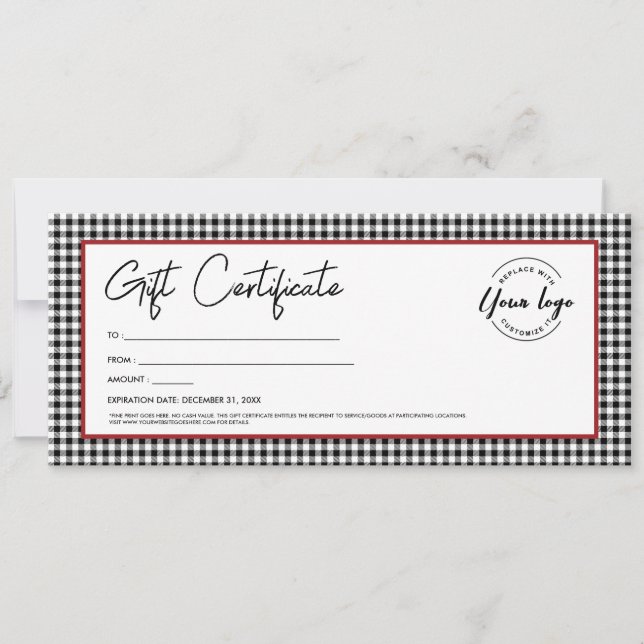 Black white plaid logo Holiday gift certificate Invitation (Front)