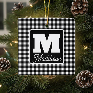 Black & White Plaid Monogram Name Christmas  Ceramic Ornament