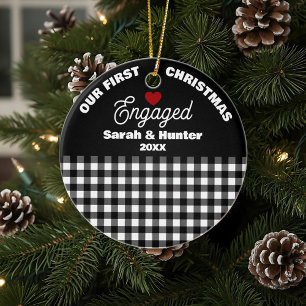 Black & White Plaid Our 1st Christmas Engaged Ceramic Tree Decoration