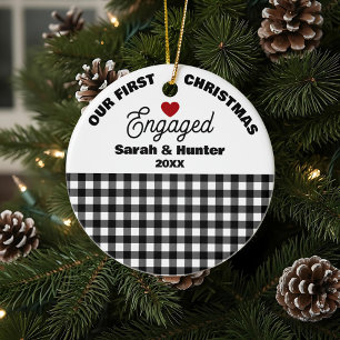 Black & White Plaid Our First Christmas Engaged Ceramic Tree Decoration