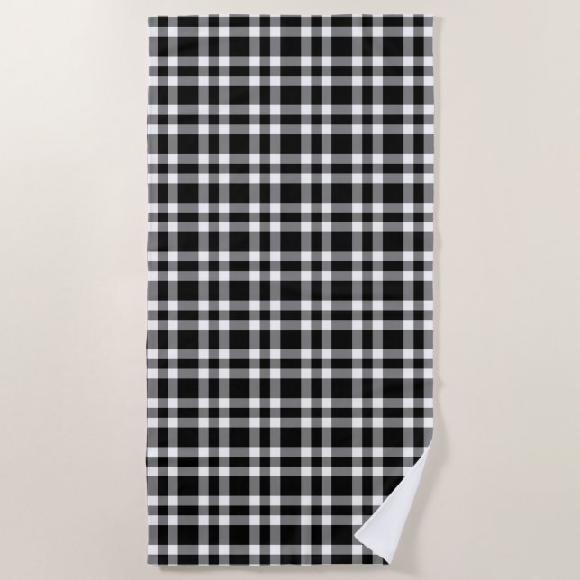 Black White Plaid Pattern Beach Towel (Front)