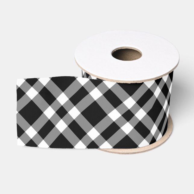 Black White Plaid Pattern Grosgrain Ribbon (Spool)