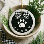 Black White Plaid Paw Print Pet Photo Wood Slice Ceramic Tree Decoration<br><div class="desc">Add a rustic charm to your Christmas tree with our pet ornament featuring a rustic faux birch wood slice background decorated with a buffalo black and white bow and white paw print. Customize with your pet's name and year. The reverse side features a place to add your pet's photo. Designed...</div>