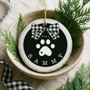 Black White Plaid Paw Print Pet Photo Wood Slice Ceramic Tree Decoration